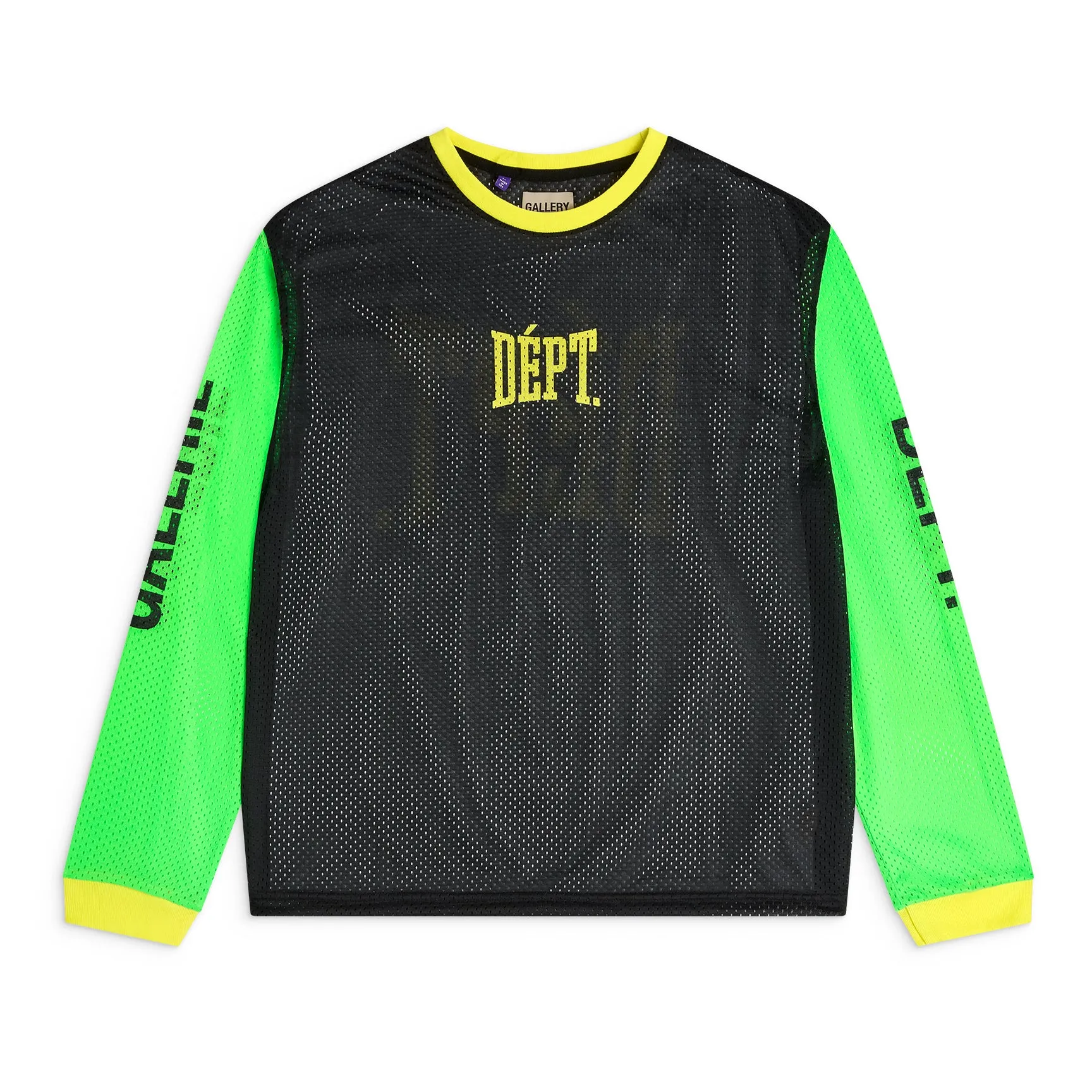 GALLERY DEPT. SPORT ELEGANT L/S BLK/GRN/YLW DEPT. Mesh color-blocked long-sleeved jersey. Black S-XL mesh item is a must-have for every fashionista. Soft, breathable and comfortable to wear alone. Layered to match the fashion pioneer. Original dyed mesh fabric. No color difference. Original printing process. Durable after washing and does not fall off. Original consistent main label/hangtag/composition and water label.
